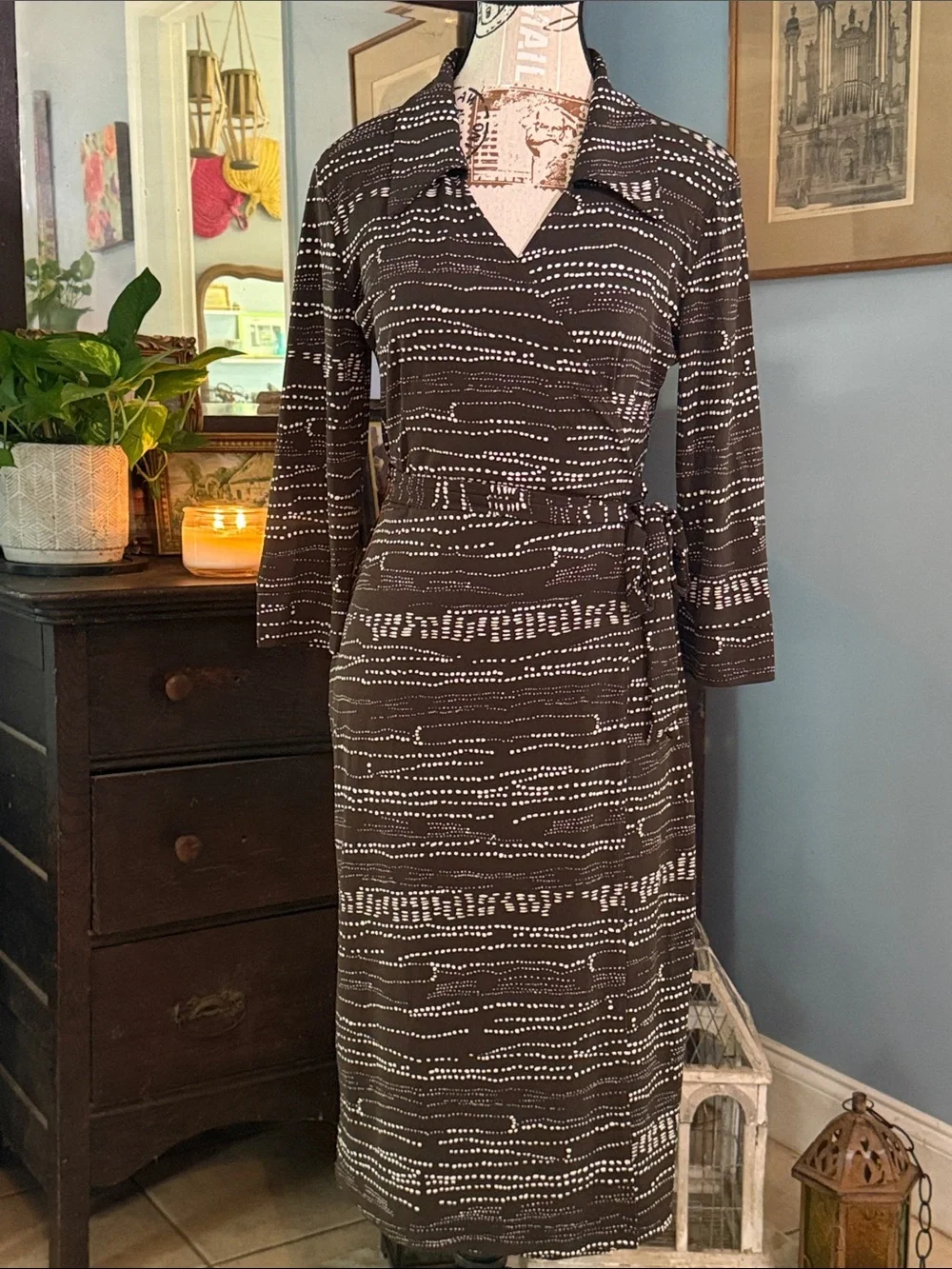 Chapter One Espresso Brown Abstract Dot Faux Wrap Tie Midi Dress Medium